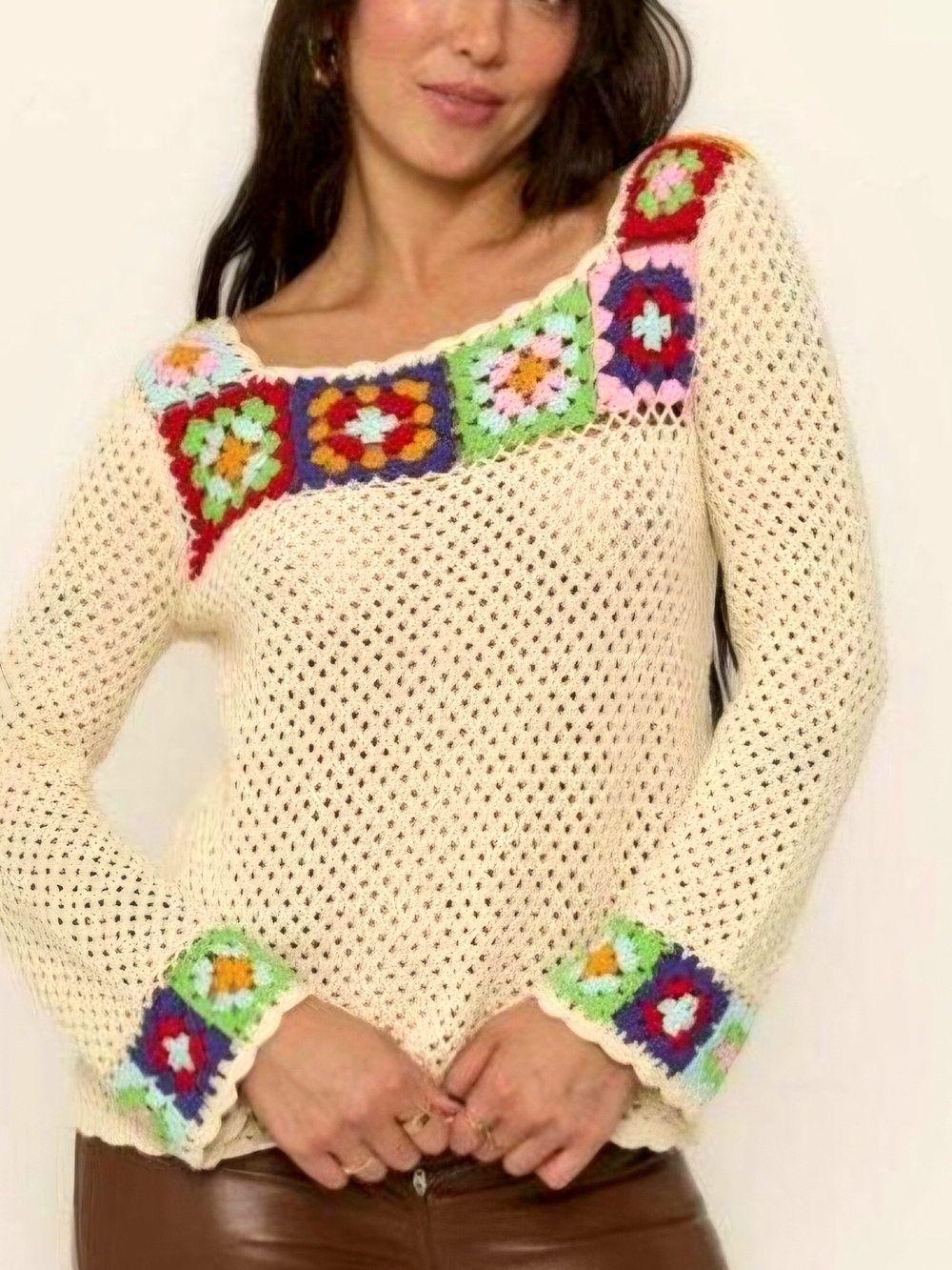 Callahan Knitwear M Crochet Granny Square Sweater Cream Multicolor Floral Boho